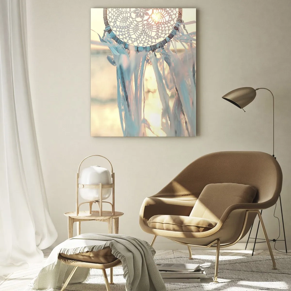 Glasbild - Bild auf glas - Ein Spitzentotem mit zarten Fransen vor dem Hintergrund der untergehenden Sonne über dem Meer. - 50x70cm - Totem aus Spitze - Moderne Wanddekoration für Wohnzimmer und Schlafzimmer ARTTOR