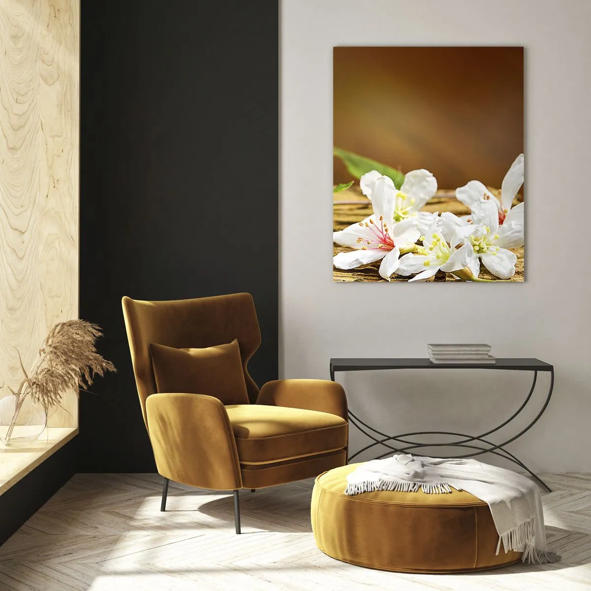 Glasbild - Bild auf glas - Weiße Blumen auf einem hölzernen Hintergrund in warmem Licht - 50x70cm - Ein unschuldiges Versprechen - Moderne Wanddekoration für Wohnzimmer und Schlafzimmer ARTTOR