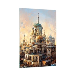 Glasbild - Bild auf glas - Architektonische Türme in den Strahlen der untergehenden Sonne - 70x100cm - Stadt der Städte - Moderne Wanddekoration für Wohnzimmer und Schlafzimmer ARTTOR