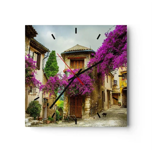 Wanduhr - Glasuhr - Eine Steinstraße mit rosa Blumen und Häusern - 30x30cm - Unter einem Blumendach - Moderne Wanddekoration für Wohnzimmer und Schlafzimmer ARTTOR