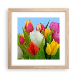 Poster in einem Rahmen aus heller Eiche - Ein blumiger Regenbogen in Tautropfen - 30x30 cm