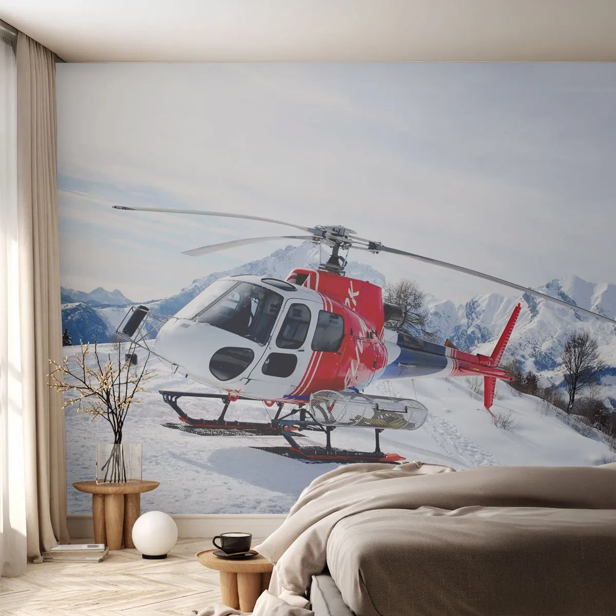 Selbstklebende Fototapete Deluxe Sticker - Immer bereit - Hubschrauber, Landschaft, Alpen - 150x105 cm