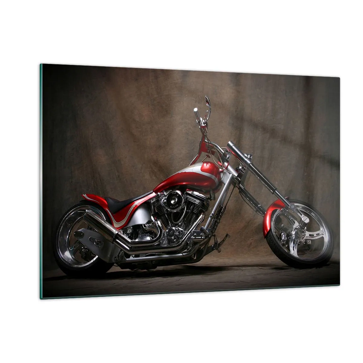 Glasbild - Bild auf glas - Rotes Custom-Motorrad auf dunklem Hintergrund - 120x80cm - Rote und silberne Schönheit - Moderne Wanddekoration für Wohnzimmer und Schlafzimmer ARTTOR