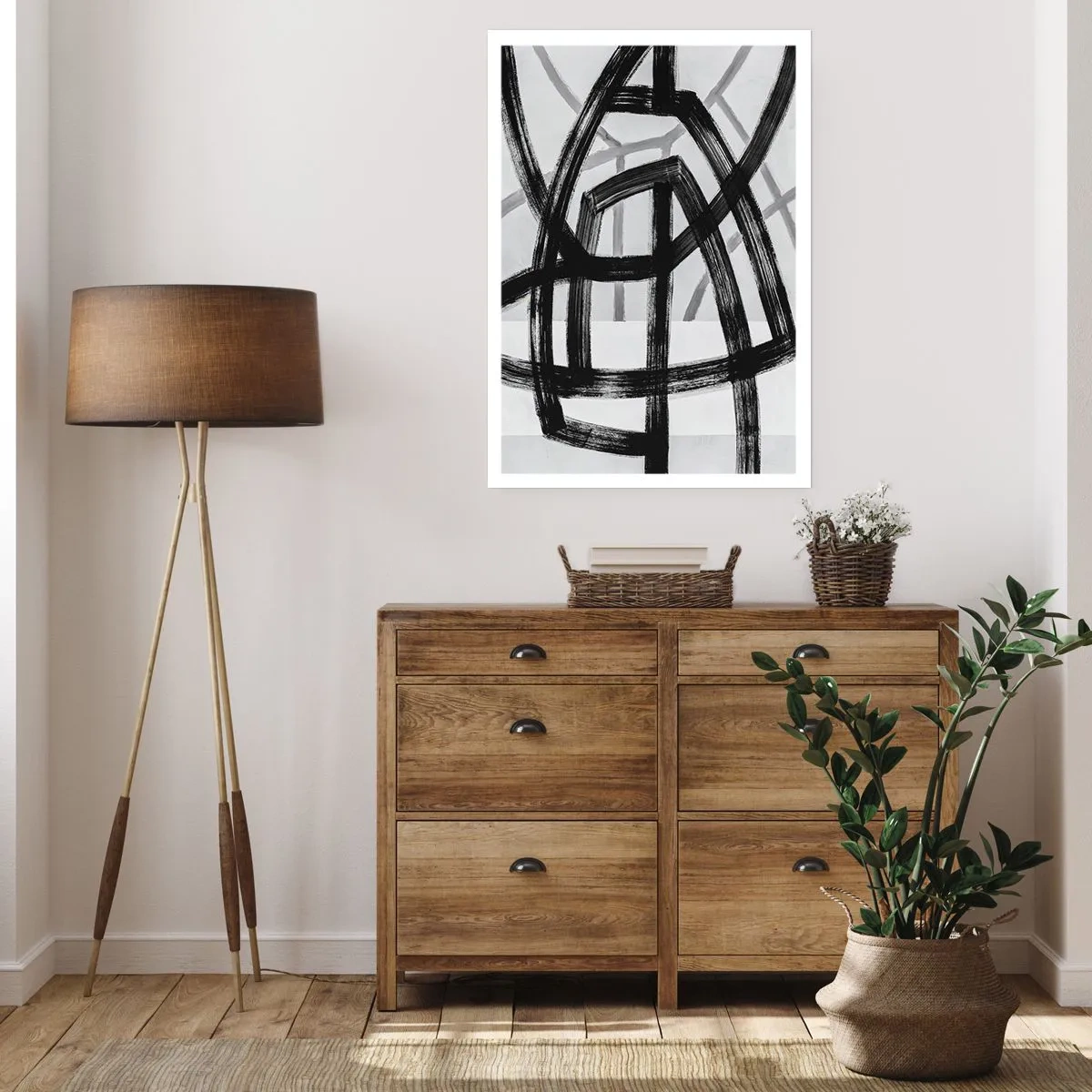 Poster - Geometrische schwarze Linien auf hellem Hintergrund in einer abstrakten Komposition - 50x70cm - Bautiefe - Moderne Wanddekoration für Wohnzimmer und Schlafzimmer ARTTOR