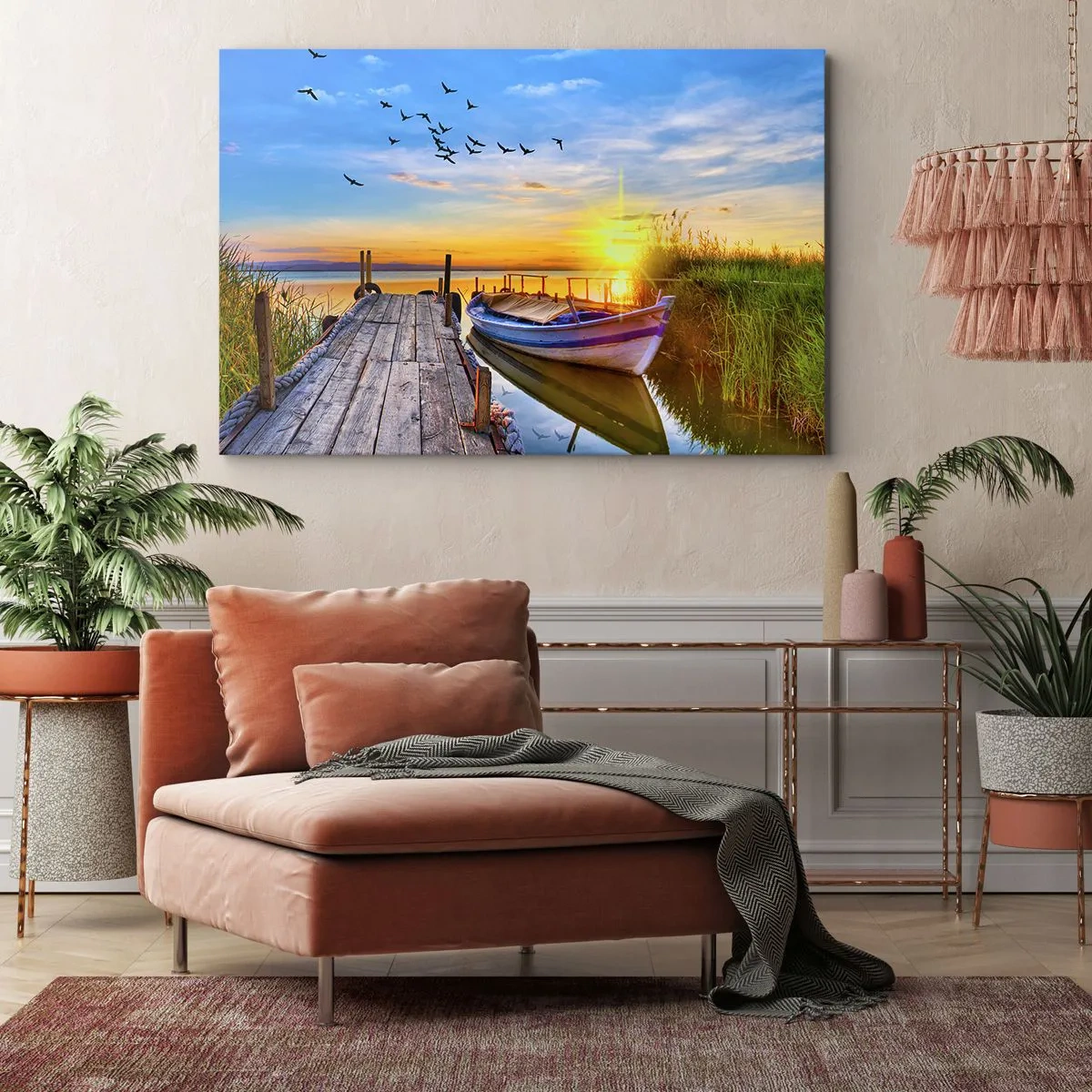 Bild auf Leinwand - Leinwandbild - Ein Boot an einem Holzsteg bei Sonnenuntergang - 120x80cm - Bis morgen - Moderne Wanddekoration für Wohnzimmer und Schlafzimmer ARTTOR