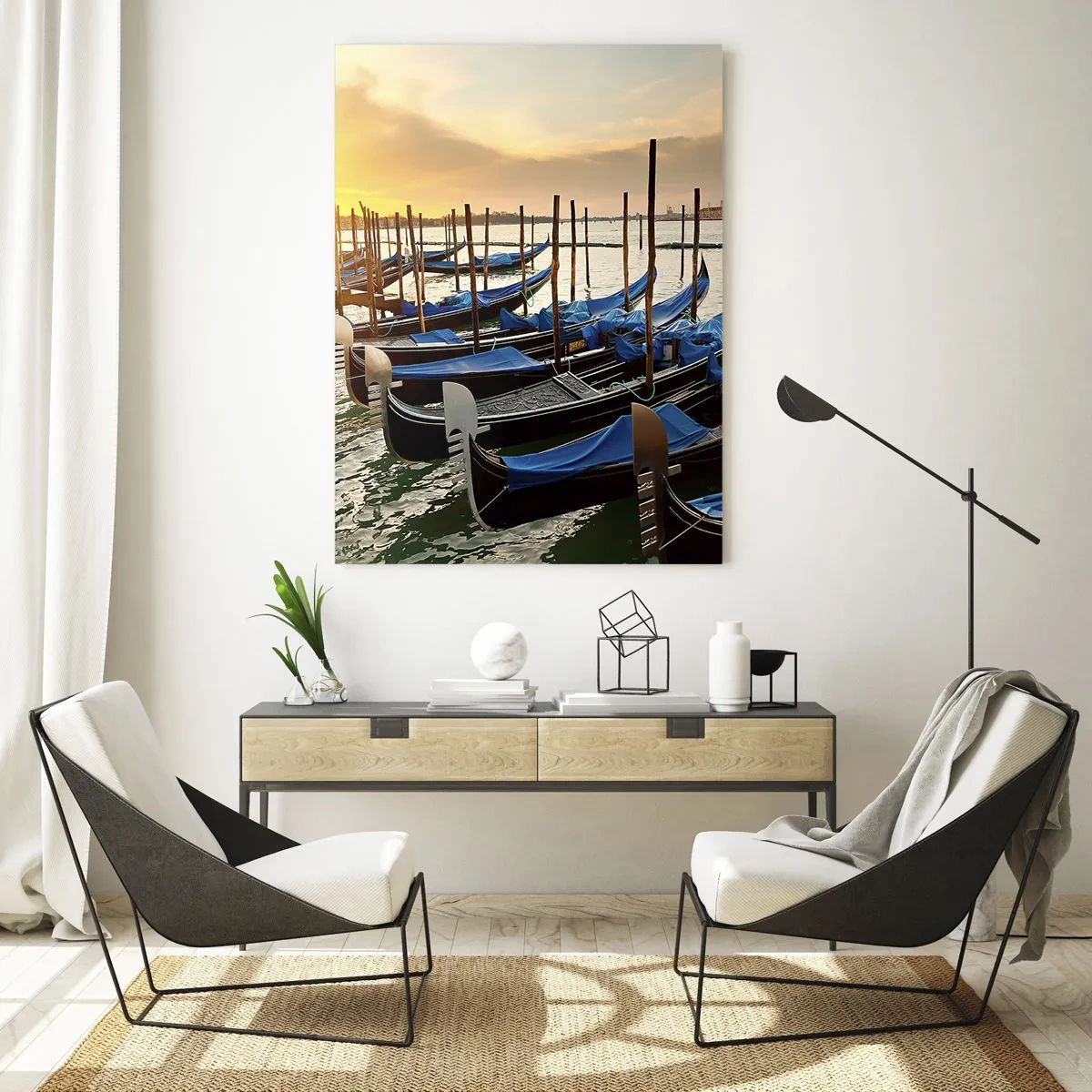 Glasbild - Bild auf glas - Gondeln in Venedig bei Sonnenuntergang - 50x70cm - Bevor das Summen kommt - Moderne Wanddekoration für Wohnzimmer und Schlafzimmer ARTTOR