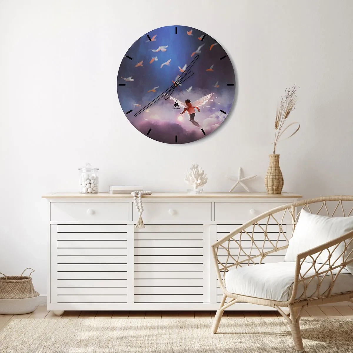 Wanduhr - Glasuhr - Eine Figur mit Engelsflügeln zwischen Vögeln vor dem Himmel - 30x30cm - Du brauchst Fantasie und Mut - Moderne Wanddekoration für Wohnzimmer, Küche und Schlafzimmer ARTTOR