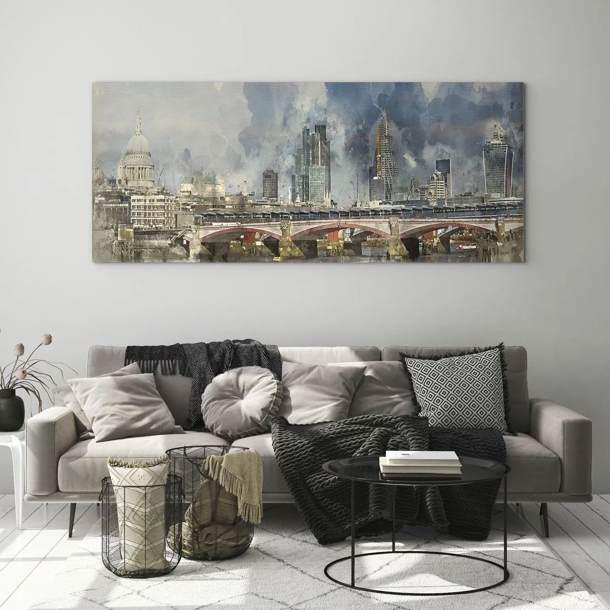 Glasbild - Bild auf glas - Aquarellansicht der Brücke und der Skyline der Stadt - 140x50cm - London in seiner ganzen Pracht - Moderne Wanddekoration für Wohnzimmer und Schlafzimmer ARTTOR