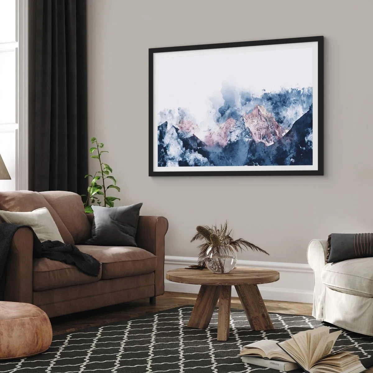 Poster in einem schwarzem Rahmen - Aquarell Berge in Pastelltönen auf weißem Hintergrund - 70x50cm - Das sind die Spitzen! - Moderne Wanddekoration für Wohnzimmer und Schlafzimmer ARTTOR