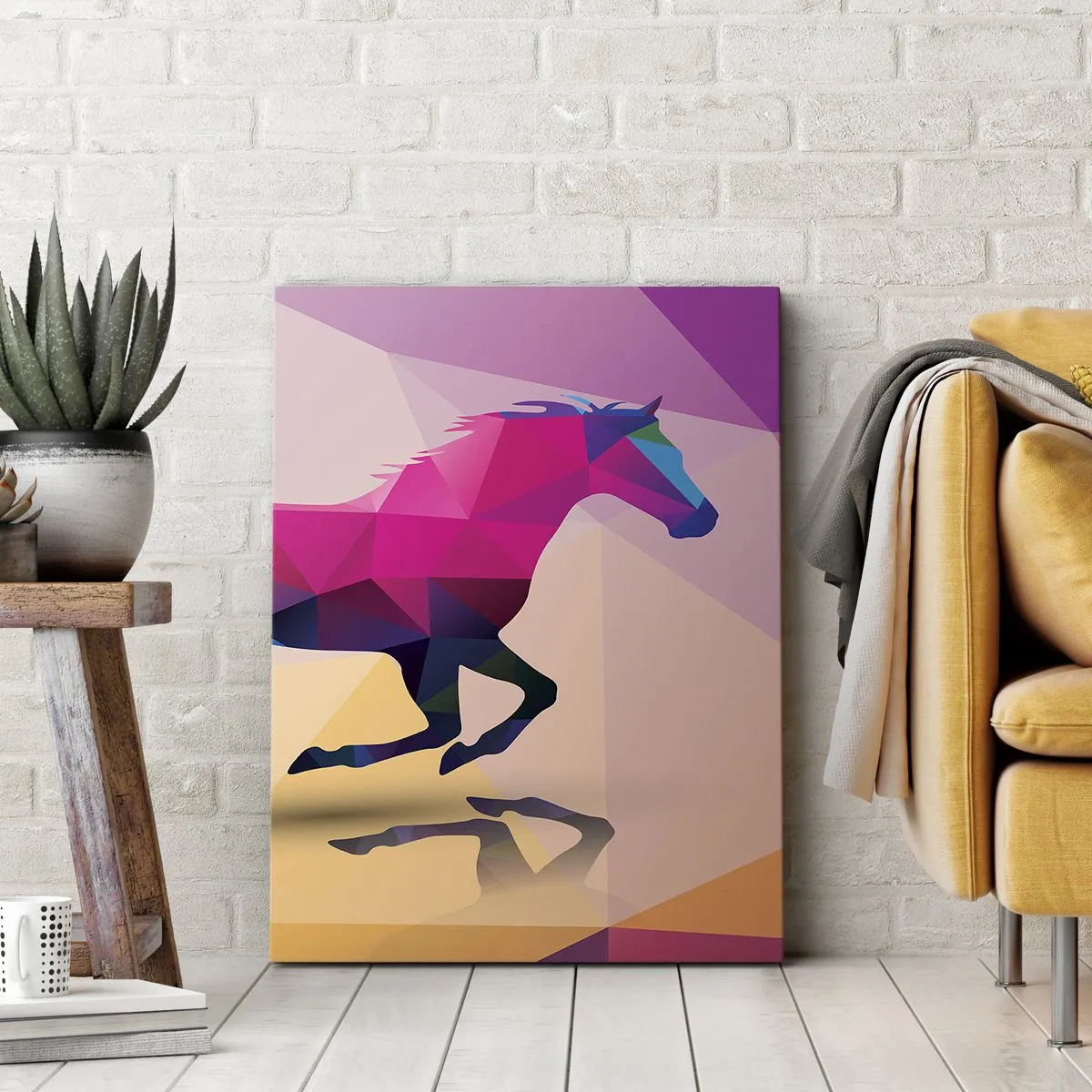Bild auf Leinwand - Leinwandbild - Geometrische Silhouette eines galoppierenden Pferdes in leuchtenden Farben - 80x120cm - Kubismus lebt noch - Moderne Wanddekoration für Wohnzimmer und Schlafzimmer ARTTOR