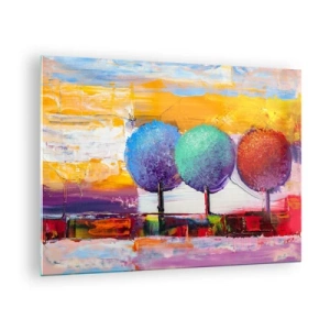 Glasbild - Bild auf glas - Bunte abstrakte Bäume auf einem intensiven Hintergrund - 70x50cm - Aller guten Dinge sind drei - Moderne Wanddekoration für Wohnzimmer und Schlafzimmer ARTTOR