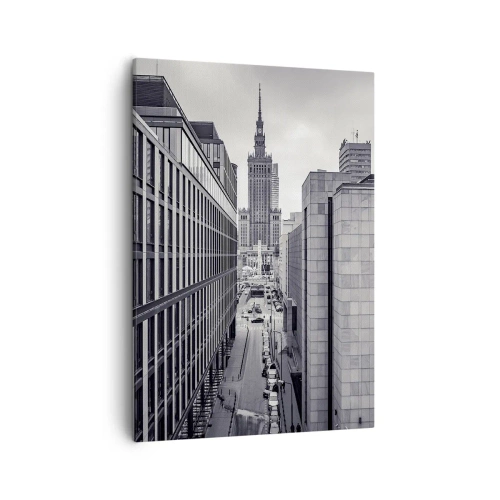 Bild auf Leinwand - Leinwandbild - Panorama von Warschau mit Blick auf den Kulturpalast und die umliegenden Gebäude - 50x70cm - Warschauer Tal - Moderne Wanddekoration für Wohnzimmer und Schlafzimmer ARTTOR
