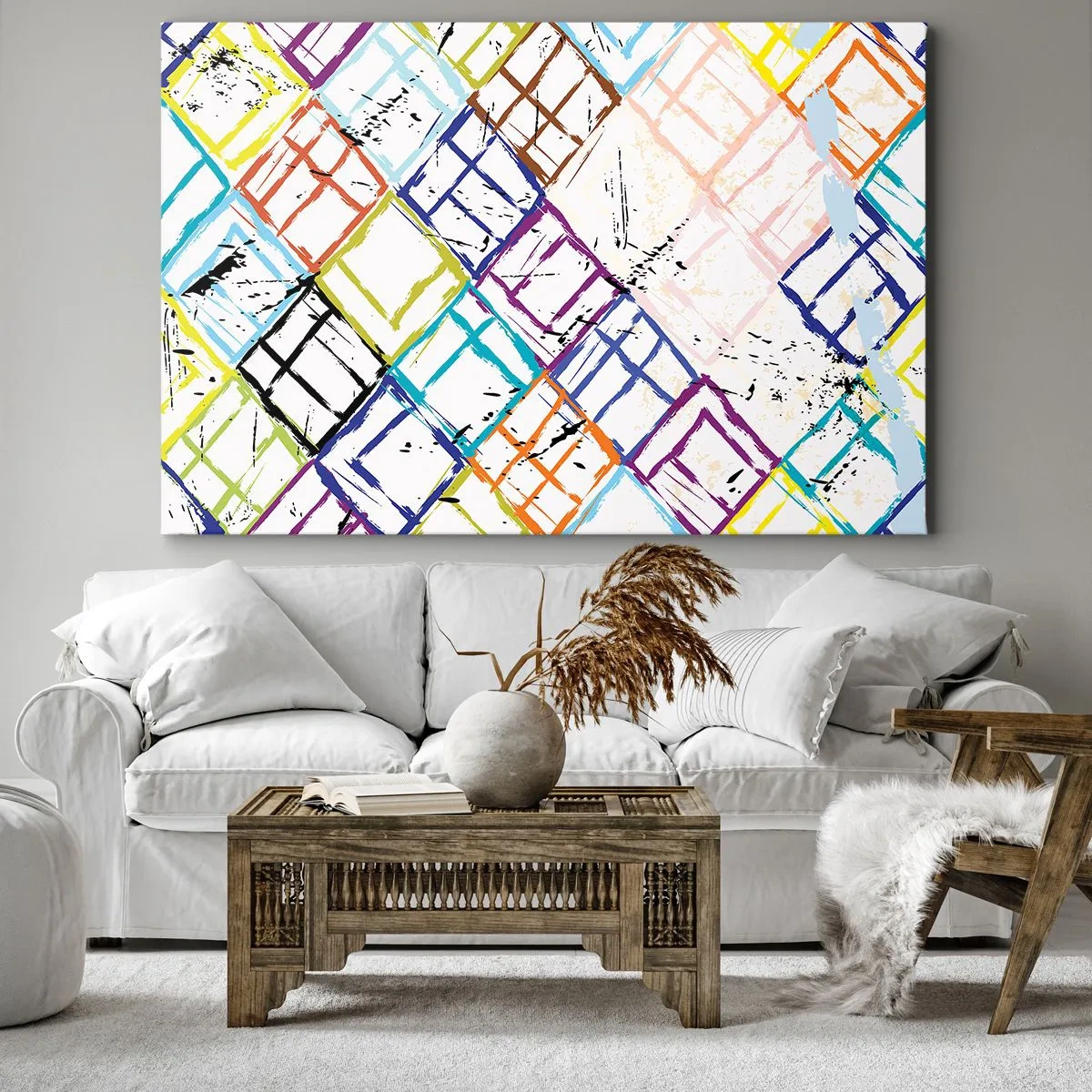 Bild auf Leinwand - Leinwandbild - Bunte Abstraktion mit geometrischen Formen auf weißem Hintergrund - 120x80cm - Zellen zu vermieten - Moderne Wanddekoration für Wohnzimmer und Schlafzimmer ARTTOR
