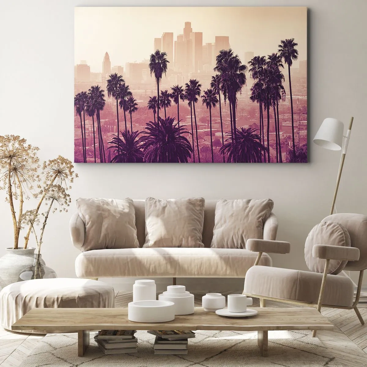 Bild auf Leinwand - Leinwandbild - Palmen vor der Kulisse einer urbanen Landschaft in warmen Farben - 70x50cm - Kalifornische Landschaft - Moderne Wanddekoration für Wohnzimmer und Schlafzimmer ARTTOR