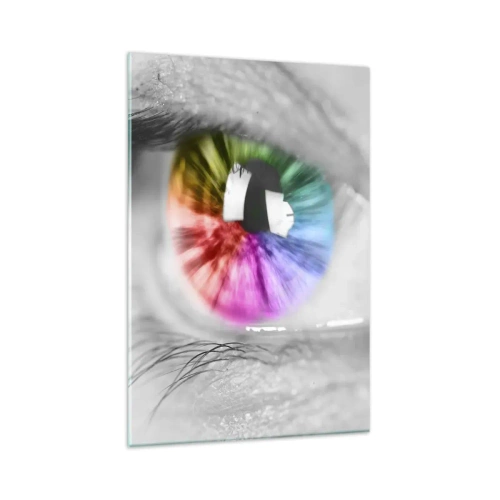Glasbild - Bild auf glas - Künstlerische Aufnahme eines Auges mit einer Regenbogeniris auf grauem Hintergrund - 80x120cm - Schau dir die Welt in Farbe an - Moderne Wanddekoration für Wohnzimmer und Schlafzimmer ARTTOR