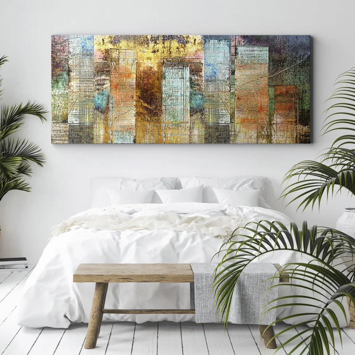Bild auf Leinwand - Leinwandbild - Abstrakte Wolkenkratzer im Industriestil - 140x50cm - Sonnige Metropole - Moderne Wanddekoration für Wohnzimmer und Schlafzimmer ARTTOR