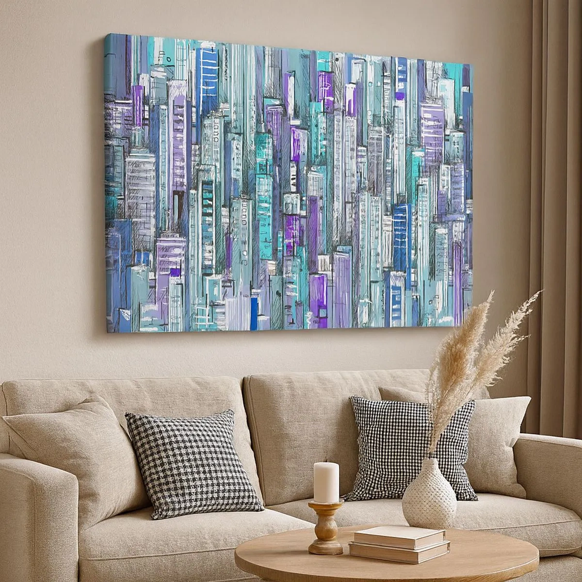 Bild auf Leinwand - Leinwandbild - Illustration einer Stadt mit geometrischen Gebäuden in Blau- und Lilatönen. - 70x50cm - Bläulich von dem Himmel - Moderne Wanddekoration für Wohnzimmer und Schlafzimmer ARTTOR