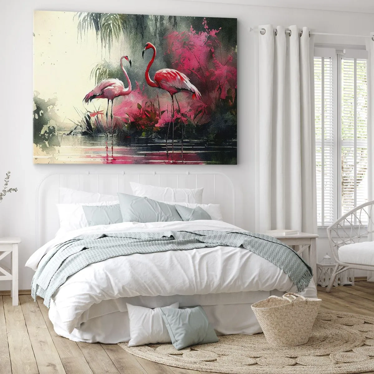 Bild auf Leinwand - Leinwandbild - Flamingos am Wasser, umgeben von Vegetation - 70x50cm - Lektion in natürlicher Anmut - Moderne Wanddekoration für Wohnzimmer und Schlafzimmer ARTTOR