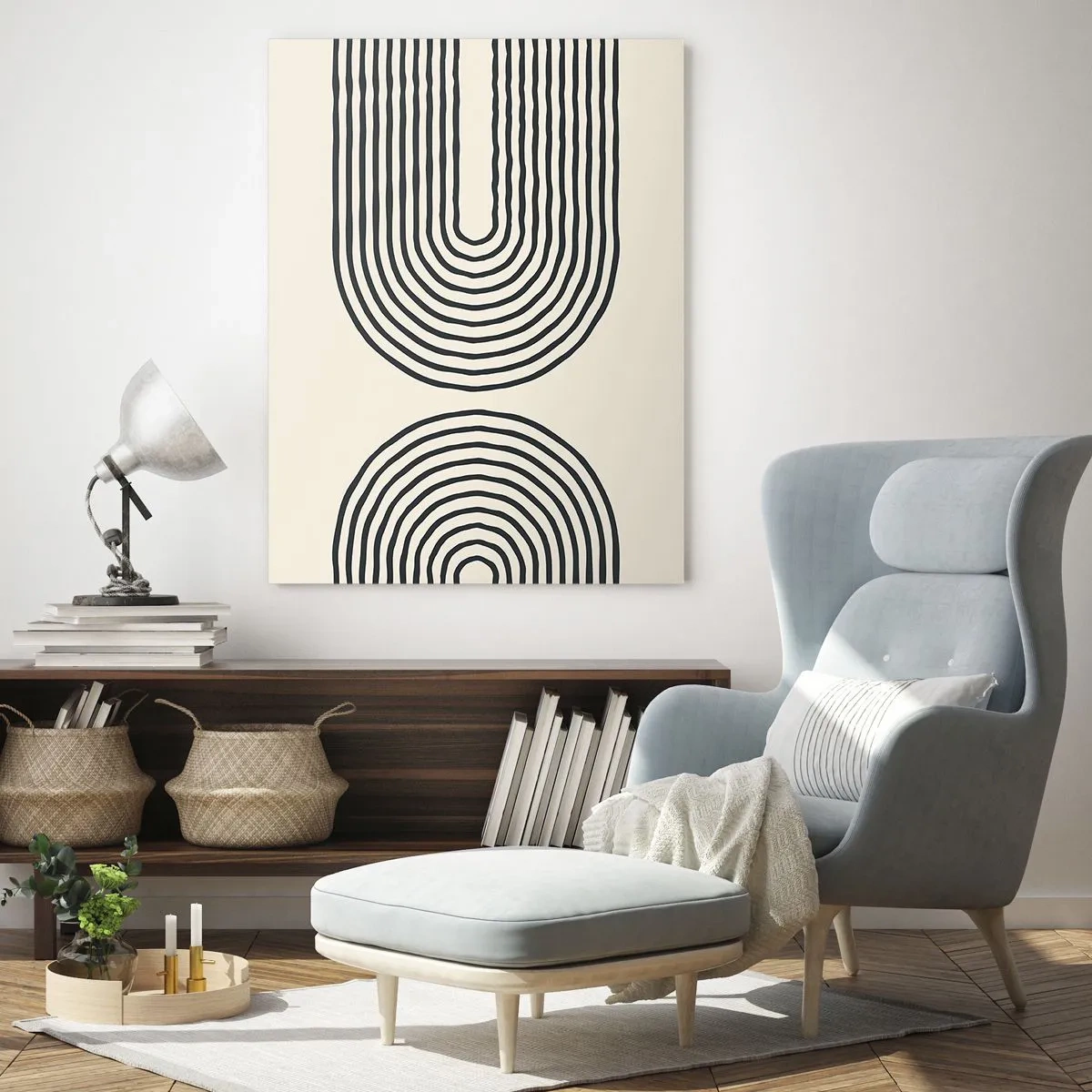 Glasbild - Bild auf glas - Ein abstraktes Gemälde in Schwarzweiß, das bogenförmige Linien darstellt. - 50x70cm - In einem Moment ... - Moderne Wanddekoration für Wohnzimmer und Schlafzimmer ARTTOR