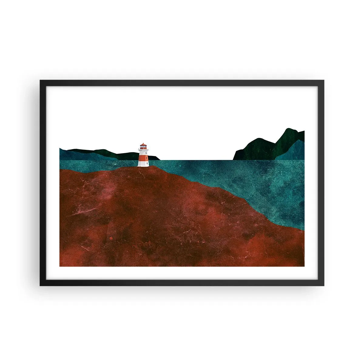 Poster in einem schwarzem Rahmen - Ein Leuchtturm vor der Kulisse von Bergen und Meer - 70x50cm - Aufs Meer starren - Moderne Wanddekoration für Wohnzimmer und Schlafzimmer ARTTOR