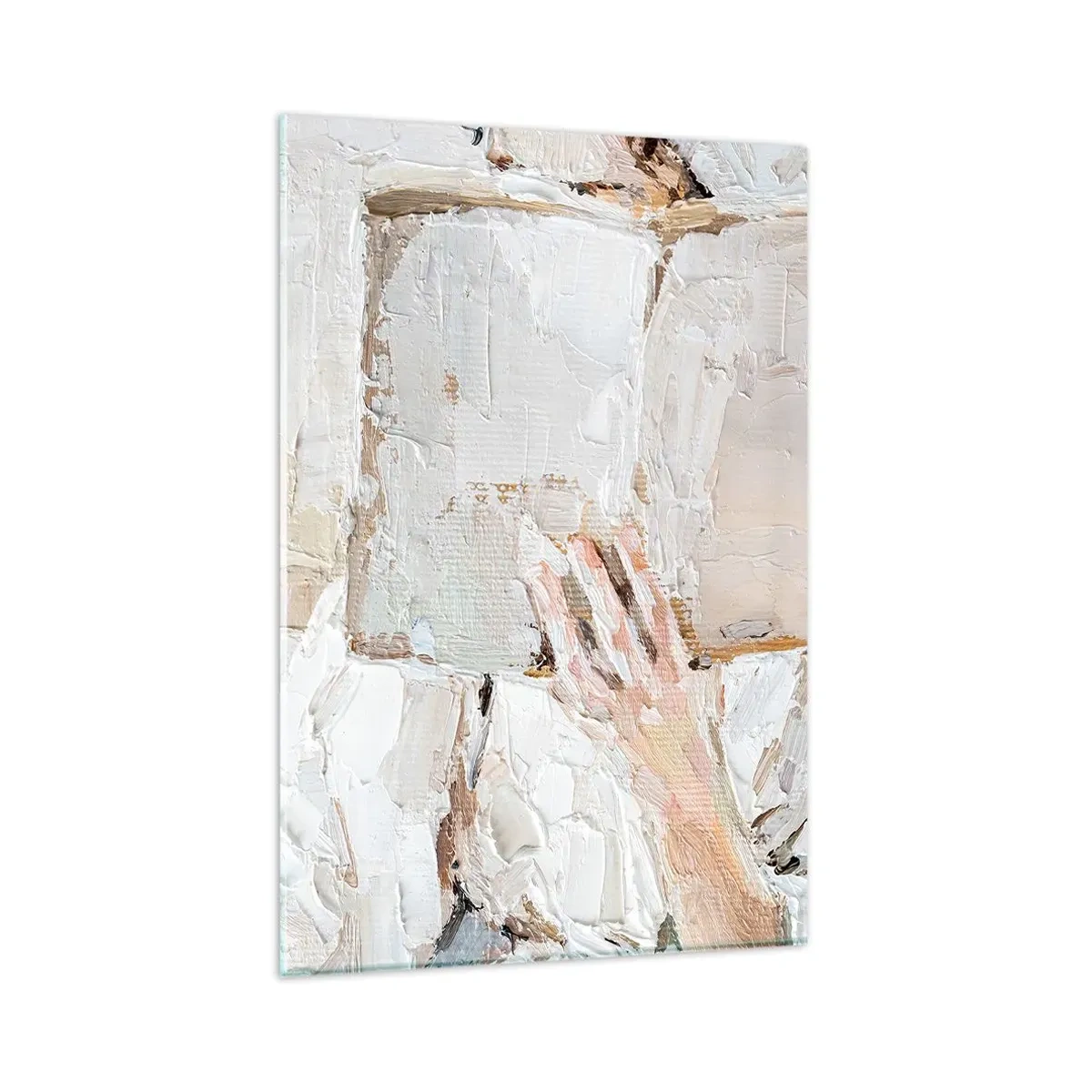 Glasbild - Bild auf glas - Ein impressionistisches Gemälde einer Hand, die ein offenes Buch hält. - 80x120cm - In einer anderen Welt - Moderne Wanddekoration für Wohnzimmer und Schlafzimmer ARTTOR