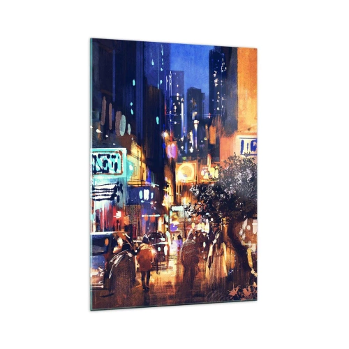 Glasbild - Bild auf glas - Abendliche Stadtansicht im impressionistischen Stil - 70x100cm - Und die Stadt ist wach - Moderne Wanddekoration für Wohnzimmer und Schlafzimmer ARTTOR