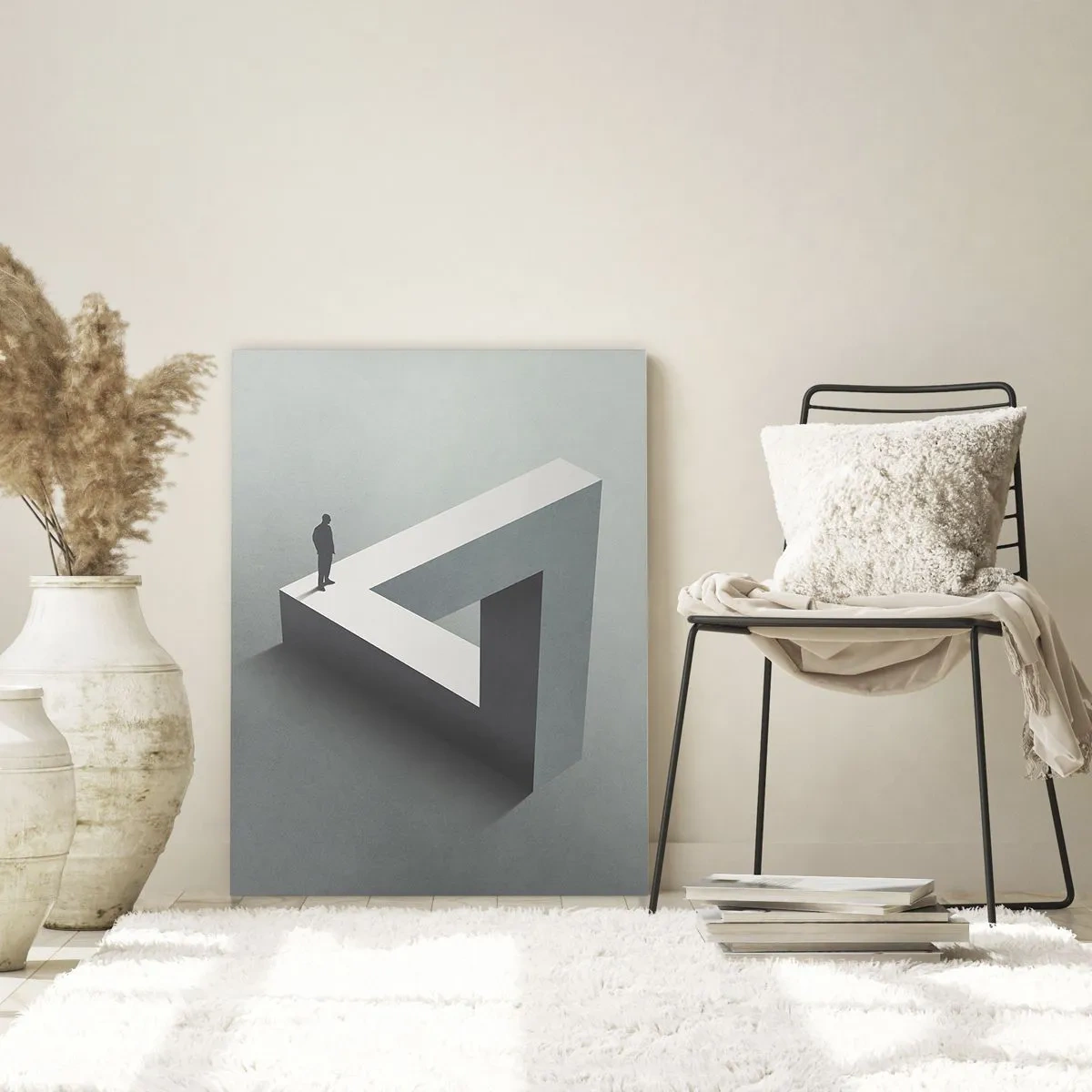 Glasbild - Bild auf glas - Eine Figur, die auf einem Penrose-Dreieck in Grautönen steht. - 70x100cm - Es ist also doch möglich - Moderne Wanddekoration für Wohnzimmer und Schlafzimmer ARTTOR