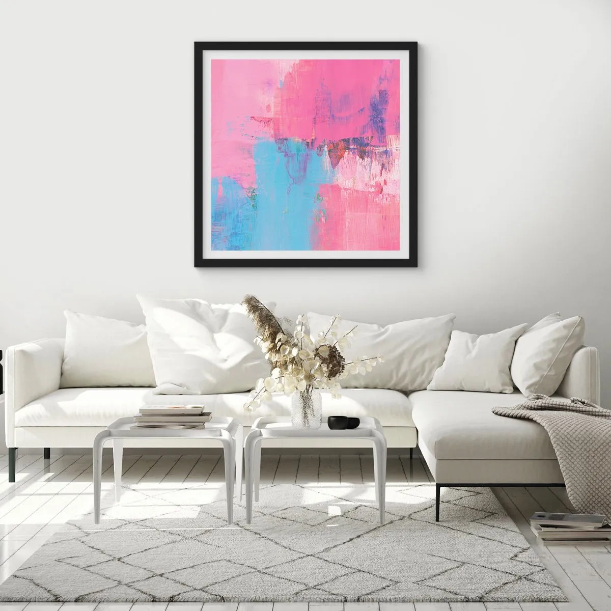 Poster in einem schwarzem Rahmen - Rosa, Blau und eine Prise Licht - 30x30 cm