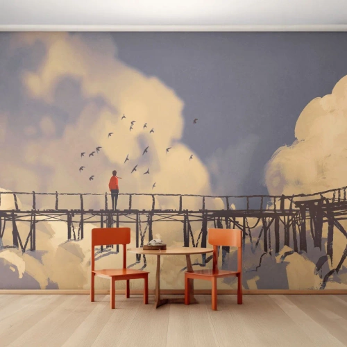 Selbstklebende Fototapete Deluxe Sticker - Blaue Sehnsucht - Abstraktion, Brücke, Wolken - 100x70 cm