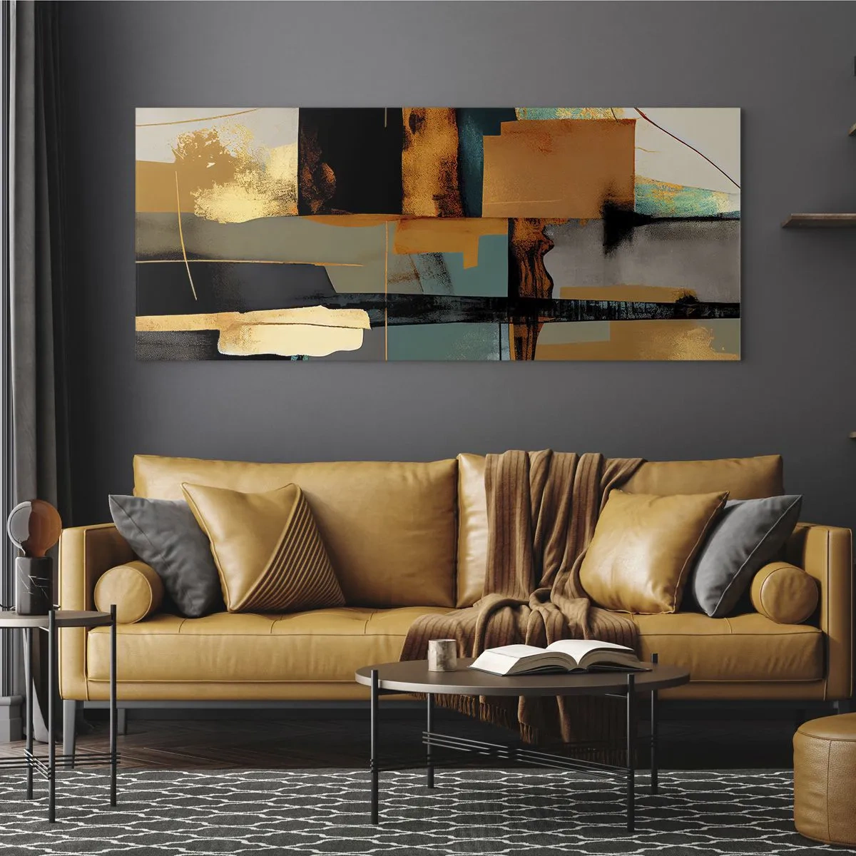 Glasbild - Bild auf glas - Abstrakte Komposition mit goldenen und türkisfarbenen Elementen - 140x50cm - Abstraktion – Licht und Schatten - Moderne Wanddekoration für Wohnzimmer und Schlafzimmer ARTTOR