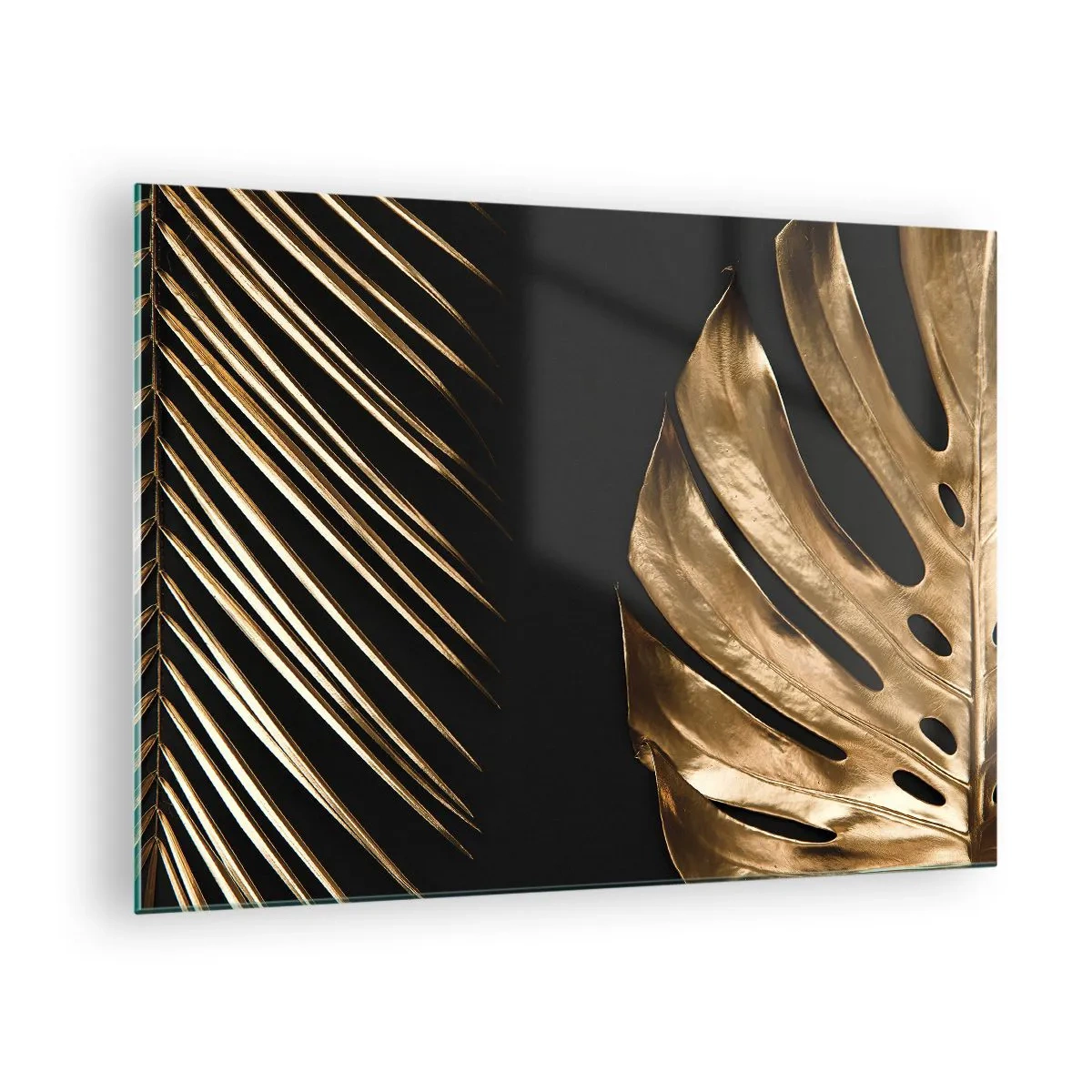 Glasbild - Bild auf glas - Goldene Palmblätter und Monsteras auf schwarzem Hintergrund - 70x50cm - Anders und genauso teuer - Moderne Wanddekoration für Wohnzimmer und Schlafzimmer ARTTOR