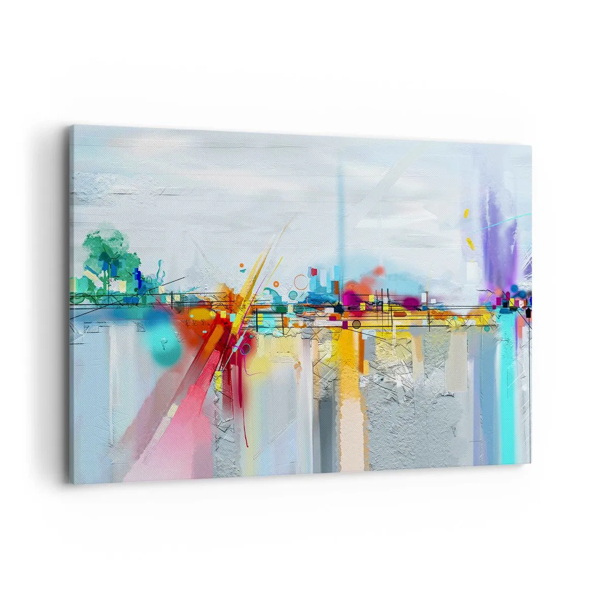 Bild auf Leinwand - Leinwandbild - Abstrakte Landschaft mit bunten Akzenten - 100x70cm - Freudenbrücke über den Fluss des Lebens - Moderne Wanddekoration für Wohnzimmer und Schlafzimmer ARTTOR