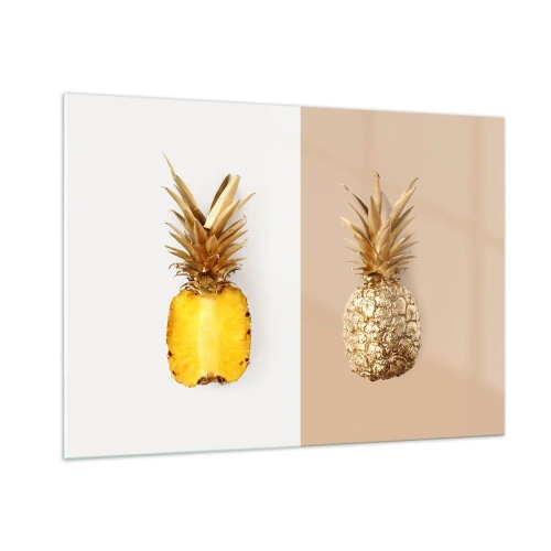Glasbild - Bild auf glas - Eine in Scheiben geschnittene und goldene Ananas auf zwei kontrastierenden Hintergründen - 100x70cm - Ananas für uns - Moderne Wanddekoration für Wohnzimmer und Schlafzimmer ARTTOR