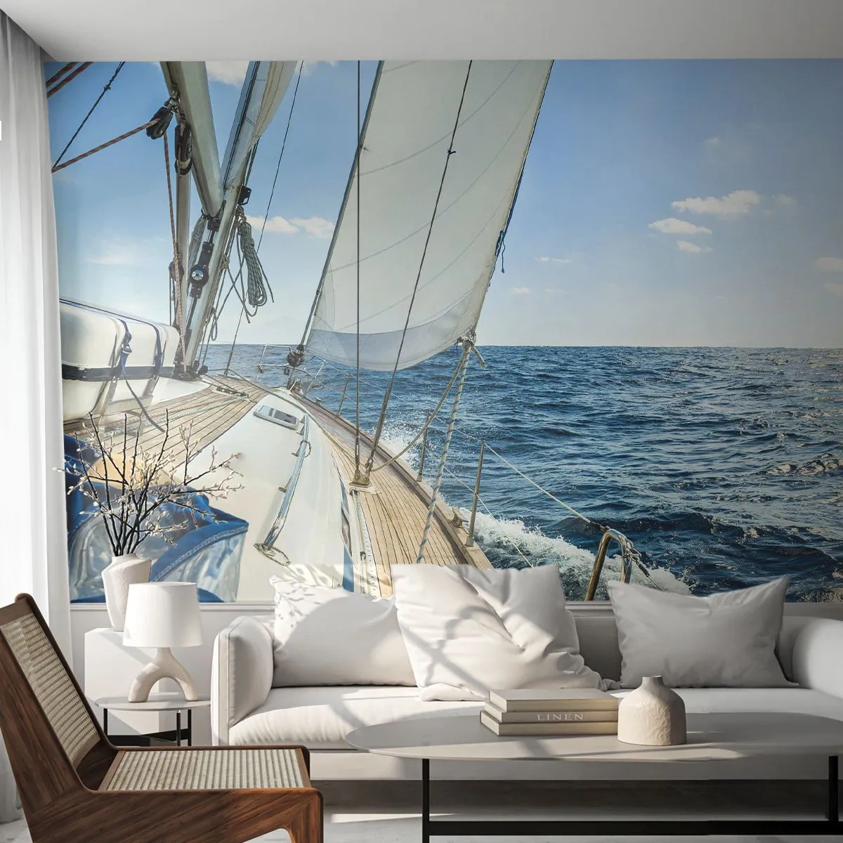 Fototapete Premium Sand - Ein Segelboot auf offener See - 100x70cm - Ahoi, Abenteuer - Moderne Wanddekoration für Wohnzimmer und Schlafzimmer ARTTOR