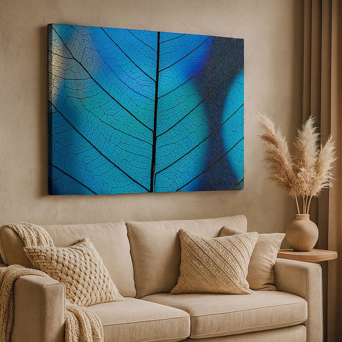 Bild auf Leinwand - Leinwandbild - Nahaufnahme eines blauen Blattes mit sichtbaren Blattadern - 70x50cm - Komplizierte Konstruktion - Moderne Wanddekoration für Wohnzimmer und Schlafzimmer ARTTOR
