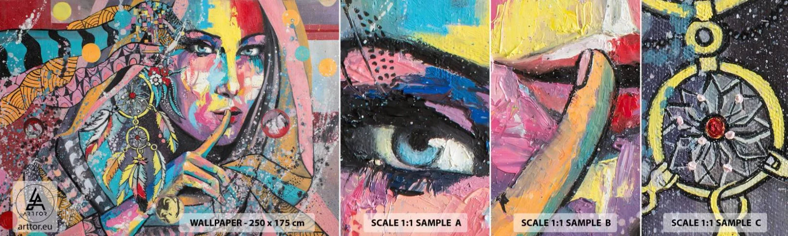 Fototapetenmuster Standard Eco - Sei still, bis du verstehst - Frau, Porträt einer Frau, Boho - 100x30 cm