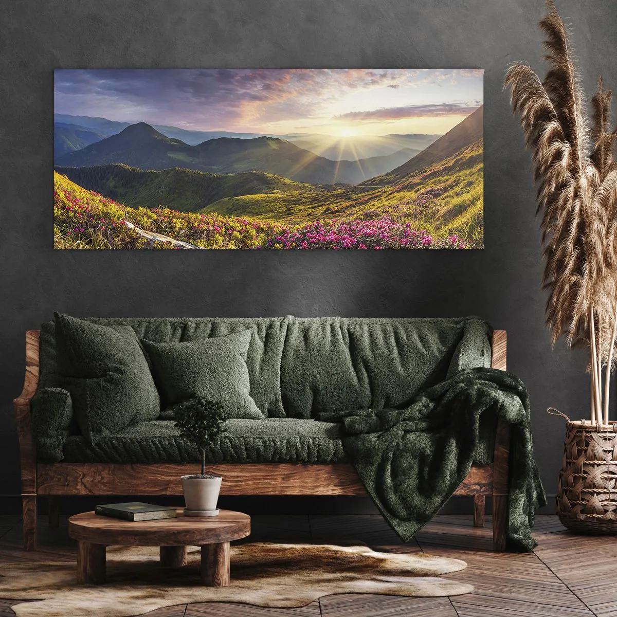 Bild auf Leinwand - Leinwandbild - Berglandschaft mit blühenden Rhododendren - 160x50cm - Frische am Bergmorgen - Moderne Wanddekoration für Wohnzimmer und Schlafzimmer ARTTOR