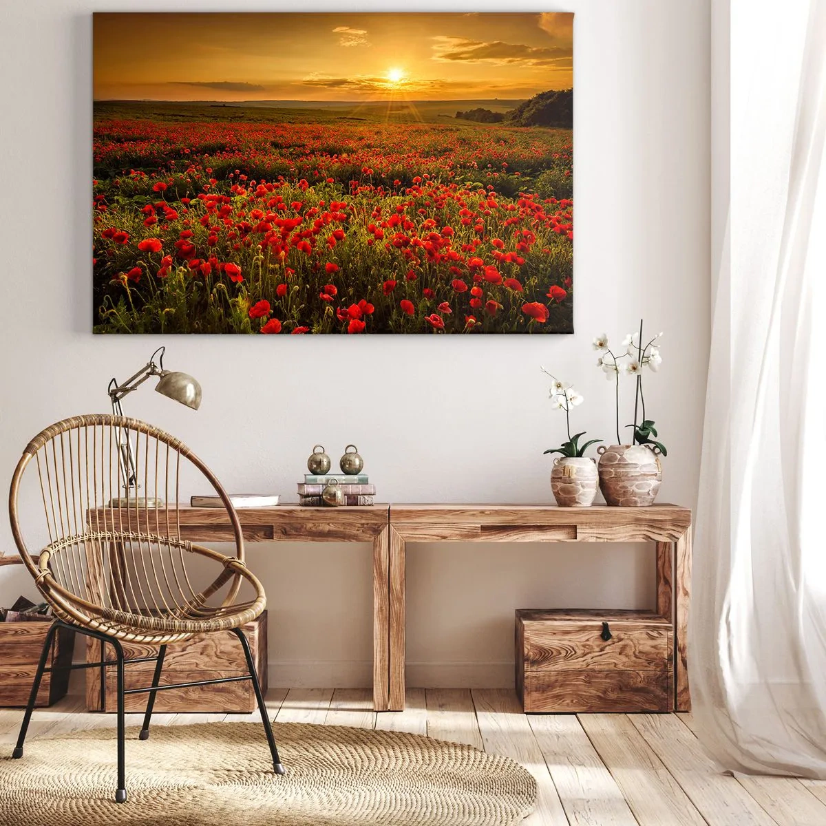 Bild auf Leinwand - Leinwandbild - Ein Feld mit roten Mohnblumen im Schein der untergehenden Sonne - 70x50cm - Unter den Wellen raschelnder Wiesen, unter den Blumen der Flut - Moderne Wanddekoration für Wohnzimmer und Schlafzimmer ARTTOR