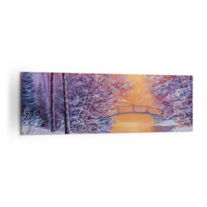 Bild auf Leinwand - Leinwandbild - Winterlandschaft mit Brücke und Sonnenuntergang - 160x50cm - Treffen wir uns hier - Moderne Wanddekoration für Wohnzimmer und Schlafzimmer ARTTOR