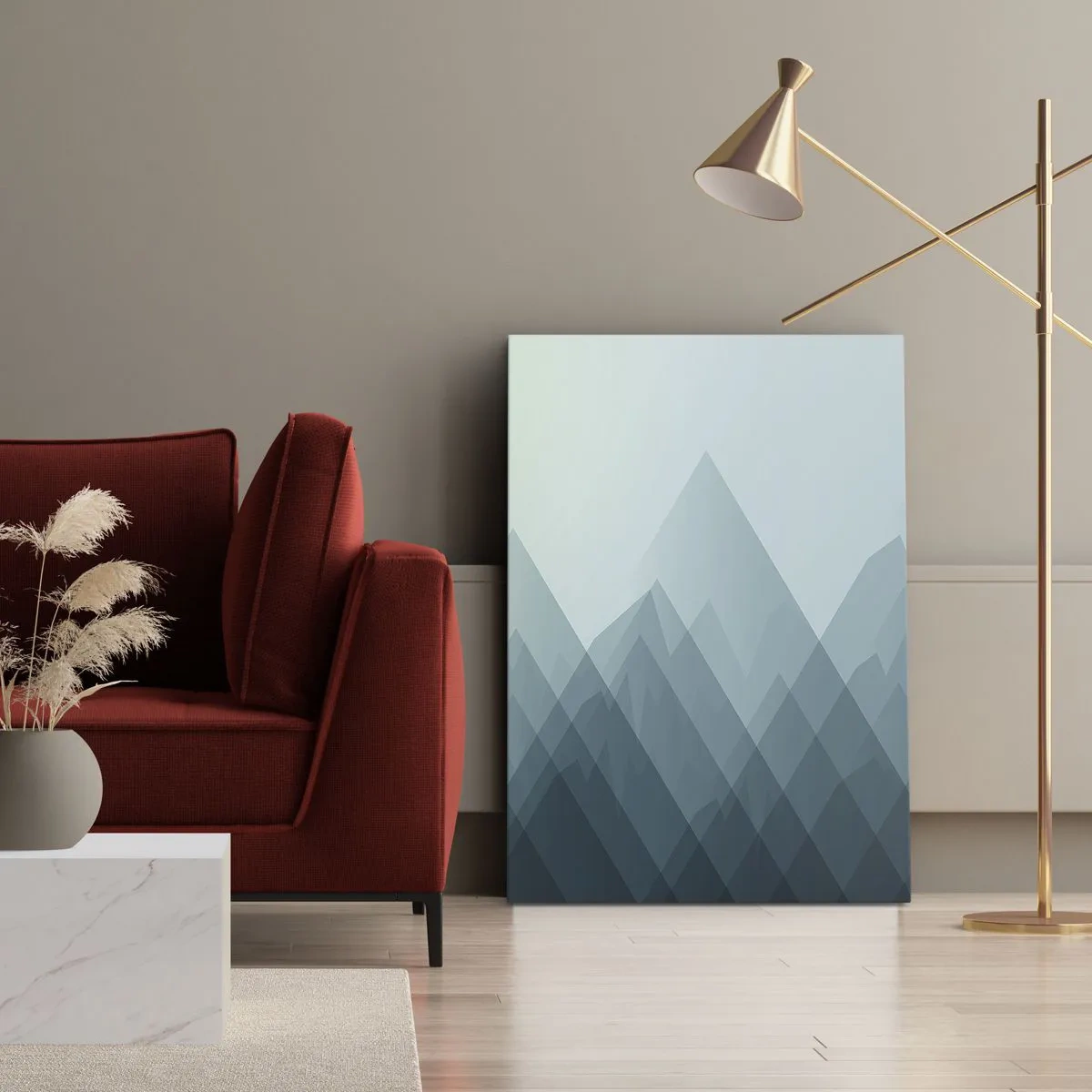 Bild auf Leinwand - Leinwandbild - Minimalistische Berggrafiken in Blautönen - 80x120cm - Groß größer am größten - Moderne Wanddekoration für Wohnzimmer und Schlafzimmer ARTTOR