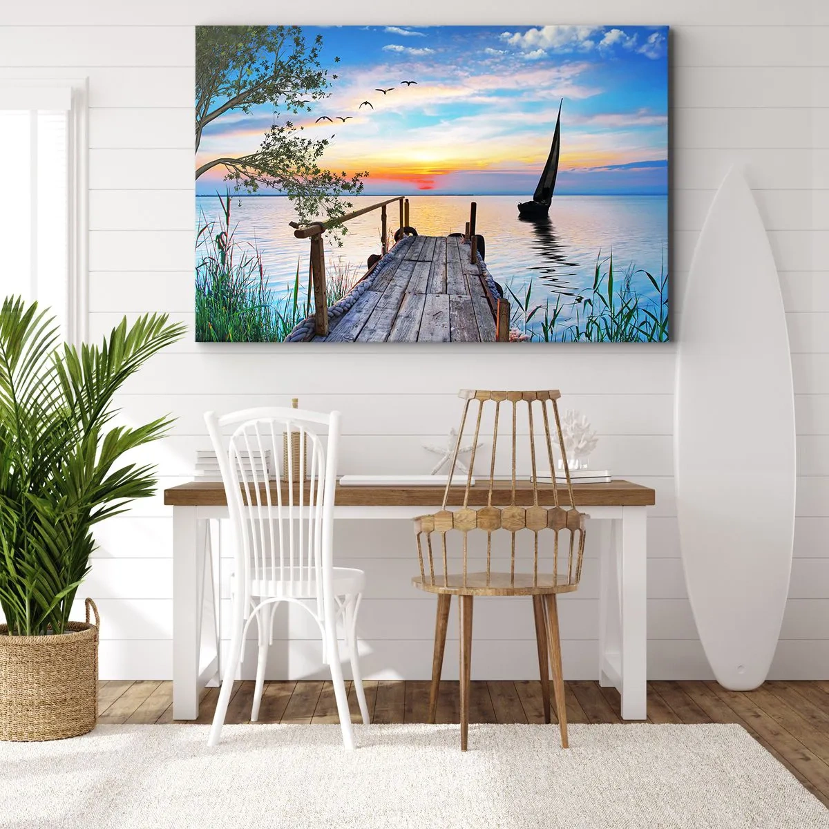Bild auf Leinwand - Leinwandbild - Seepier mit Boot und Sonnenuntergang - 100x70cm - Guten Abend - Moderne Wanddekoration für Wohnzimmer und Schlafzimmer ARTTOR