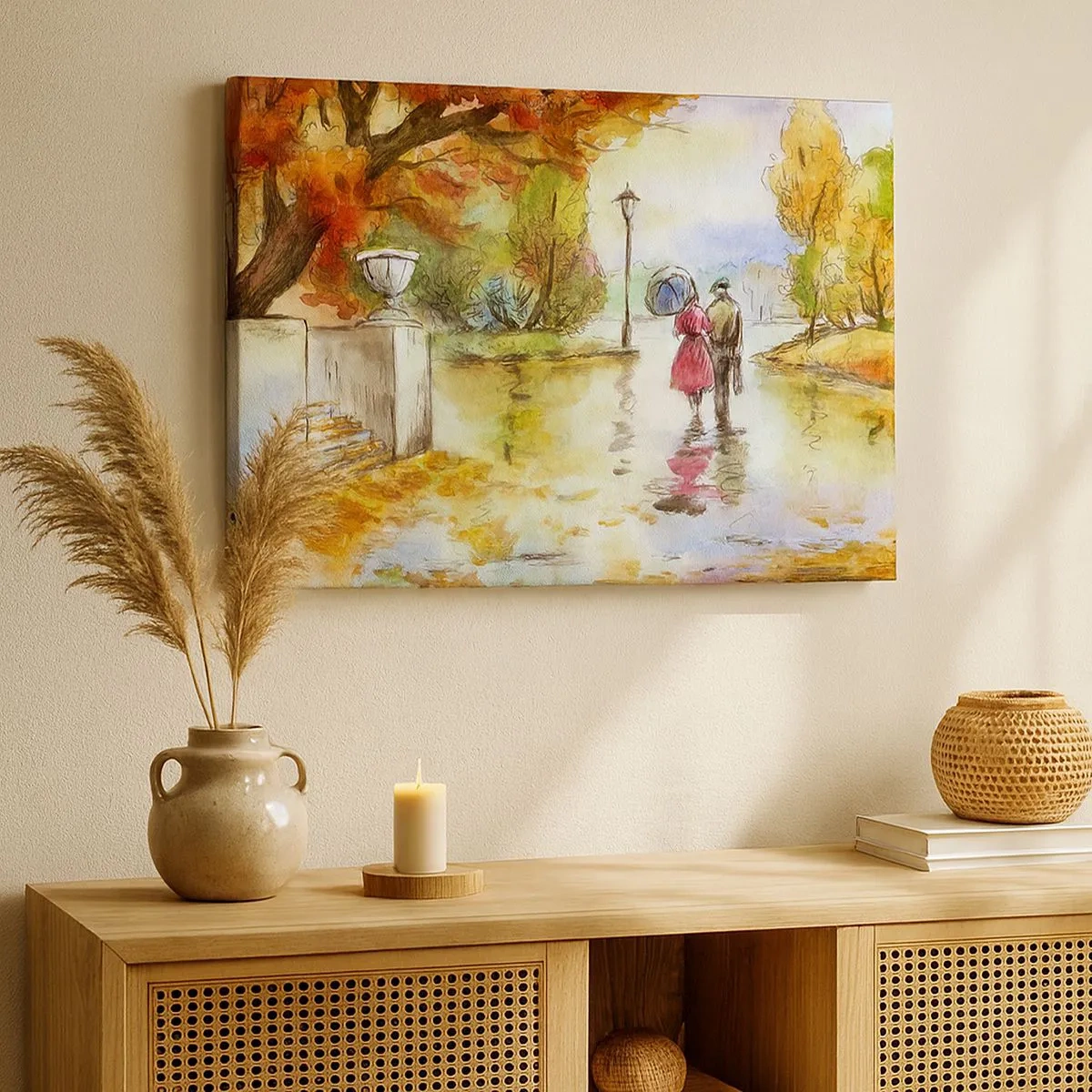 Bild auf Leinwand - Leinwandbild - Ein Spaziergang im Herbstpark mit einem Regenschirm - 70x50cm - Romantischer Herbst im Park - Moderne Wanddekoration für Wohnzimmer und Schlafzimmer ARTTOR