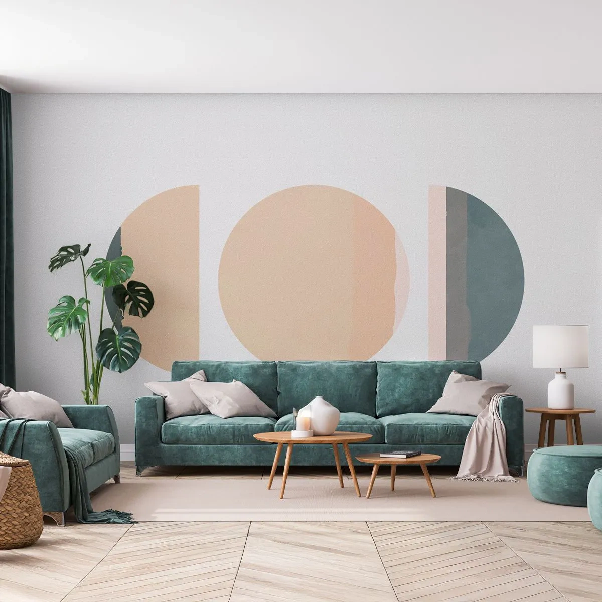 Fototapete Premium Sand - Eine minimalistische geometrische Komposition in Pastellfarben. - 100x70cm - Ein Rad hinter dem anderen… - Moderne Wanddekoration für Wohnzimmer und Schlafzimmer ARTTOR