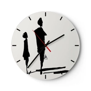 Wanduhr - Glasuhr - Schwarze Silhouetten zweier Figuren auf weißem Hintergrund im skizzenhaften Stil. - 30x30cm - Mit Sicherheit zusammen? - Moderne Wanddekoration für Wohnzimmer, Küche und Schlafzimmer ARTTOR