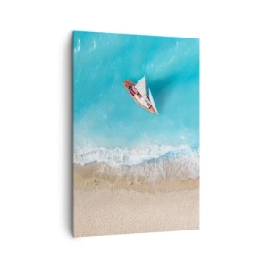 Bild auf Leinwand - Leinwandbild - Eine Vogelperspektive auf ein Boot am Strand - 70x100cm - An der Grenze von Blau und Gold - Moderne Wanddekoration für Wohnzimmer und Schlafzimmer ARTTOR