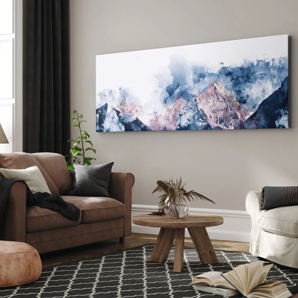 Bild auf Leinwand - Leinwandbild - Aquarell Berge in Pastelltönen auf weißem Hintergrund - 160x50cm - Das sind die Spitzen! - Moderne Wanddekoration für Wohnzimmer und Schlafzimmer ARTTOR