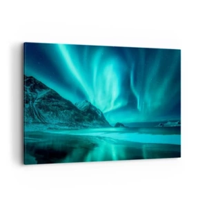 Bild auf Leinwand - Leinwandbild - Aurora Borealis über einer bergigen Winterlandschaft - 120x80cm - Wunder des Nordens - Moderne Wanddekoration für Wohnzimmer und Schlafzimmer ARTTOR