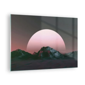 Glasbild - Bild auf glas - Abstrakte Landschaft mit geometrischen Bergen und einer rosa Sonne. - 70x50cm - In einer Nachbargalaxie - Moderne Wanddekoration für Wohnzimmer und Schlafzimmer ARTTOR