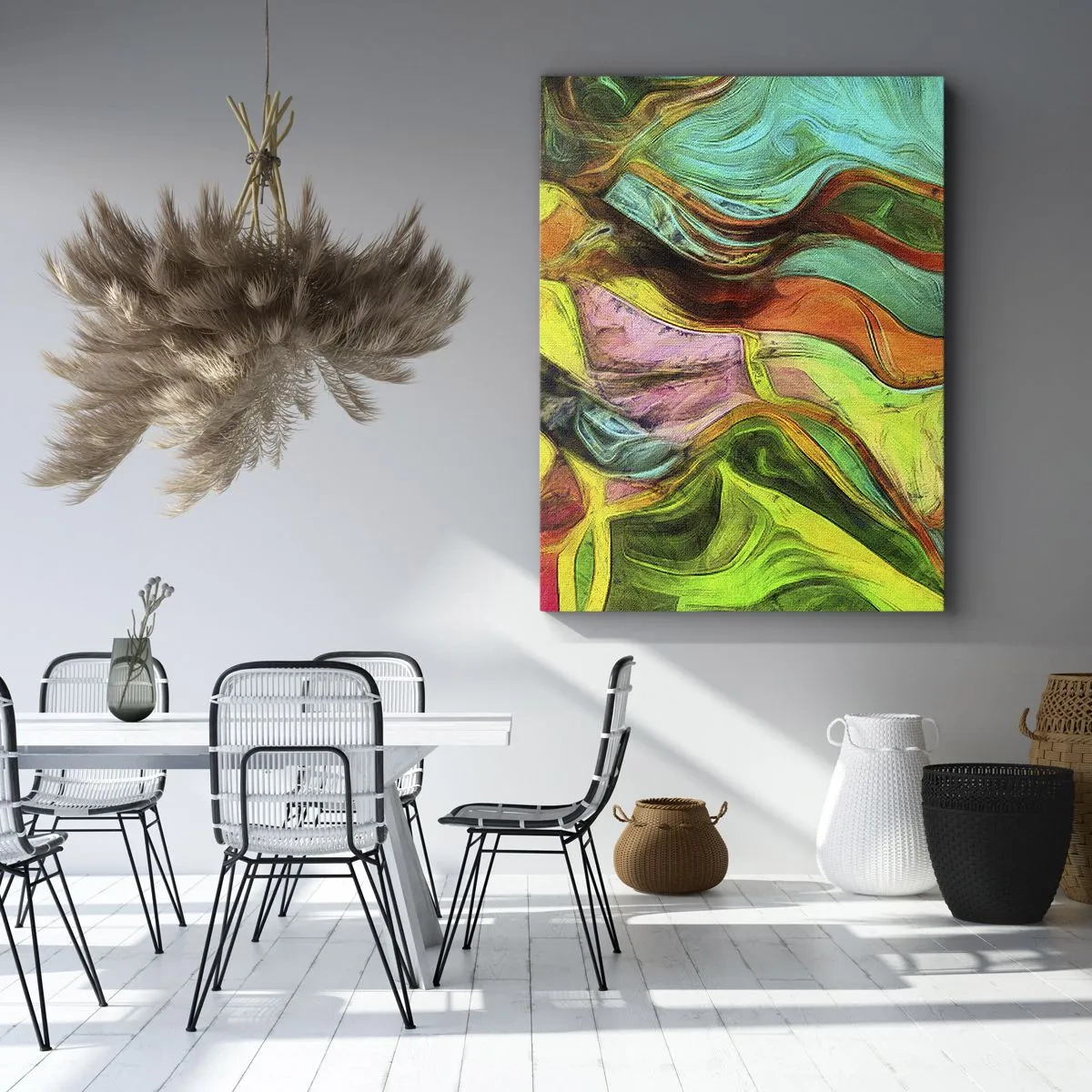 Bild auf Leinwand - Leinwandbild - Eine abstrakte Komposition mit bunten Punkten und dynamischen Linien. - 50x70cm - Bewegung ist Leben - Moderne Wanddekoration für Wohnzimmer und Schlafzimmer ARTTOR