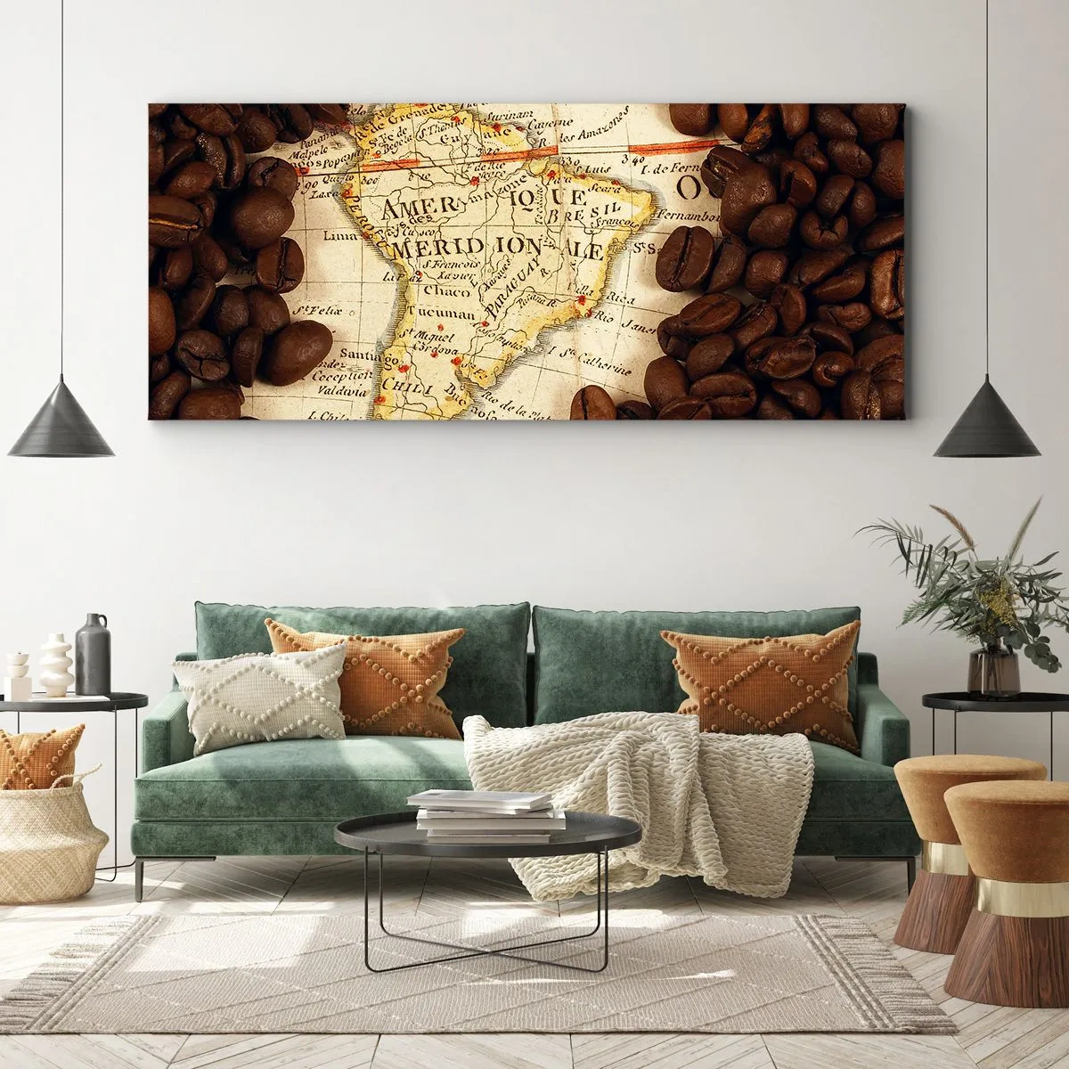 Bild auf Leinwand - Leinwandbild - Eine Karte von Südamerika, umgeben von Kaffeebohnen. - 120x50cm - Woher kommt der beste Kaffee? - Moderne Wanddekoration für Wohnzimmer und Schlafzimmer ARTTOR
